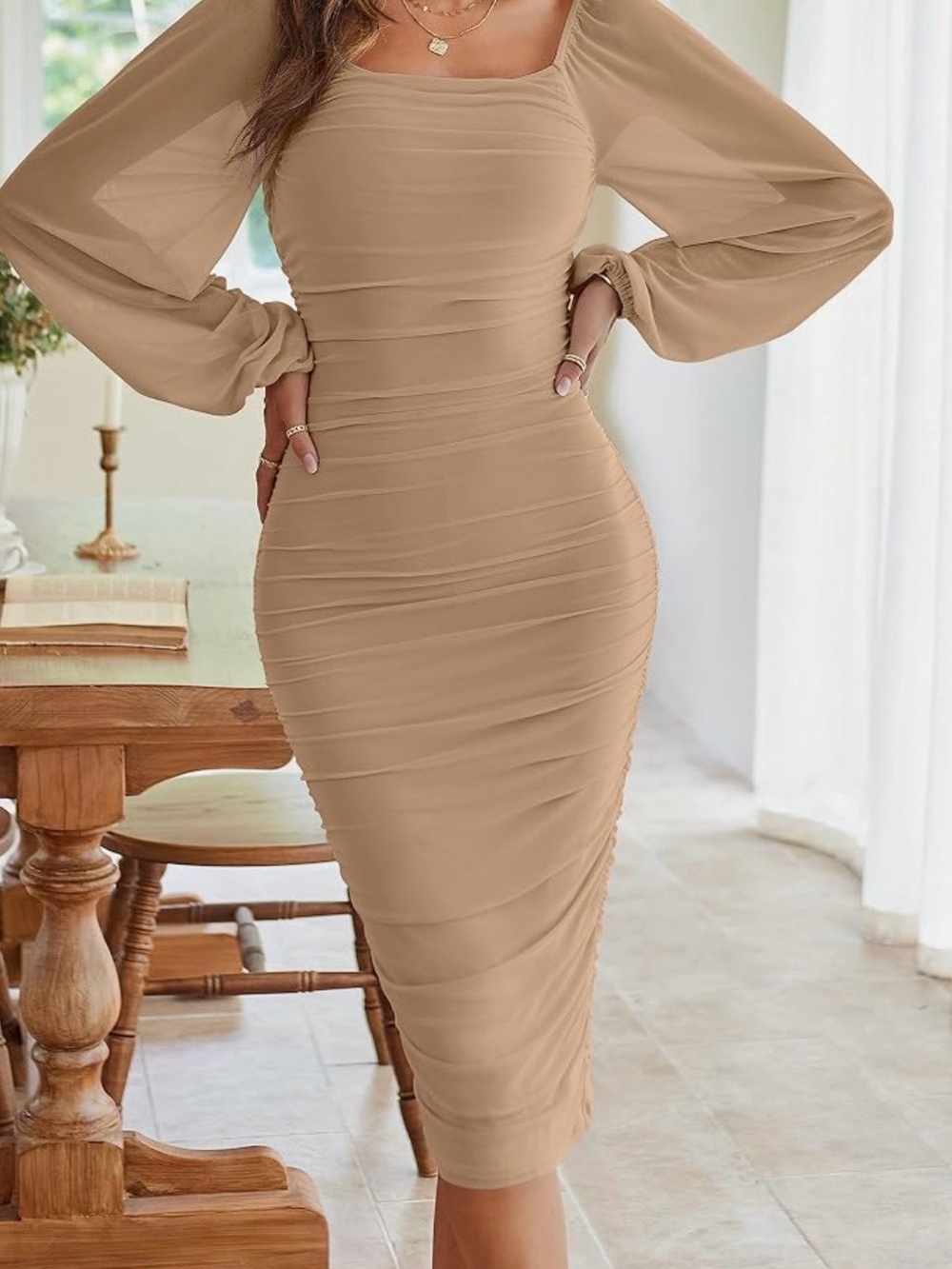 Amazon Beige Square Neck Ruched Midi Dress with Sheer Bishop Sleeves